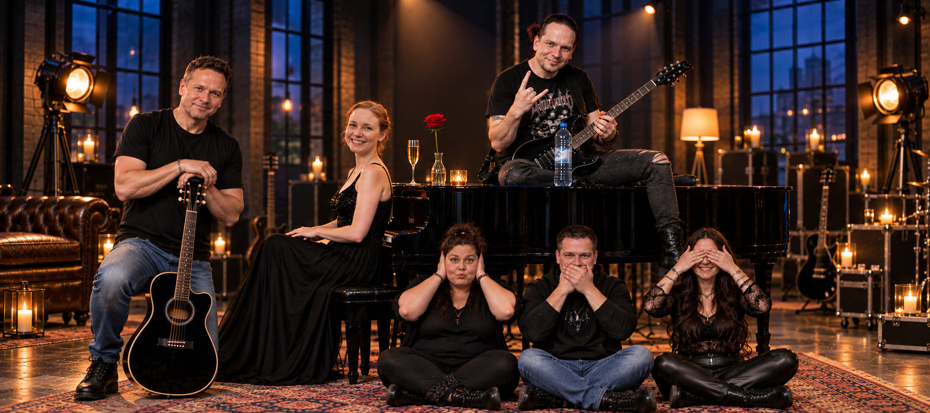 Yul mit seinen musikalischen Freunden in einem stimmungsvoll beleuchteten Musikstudio